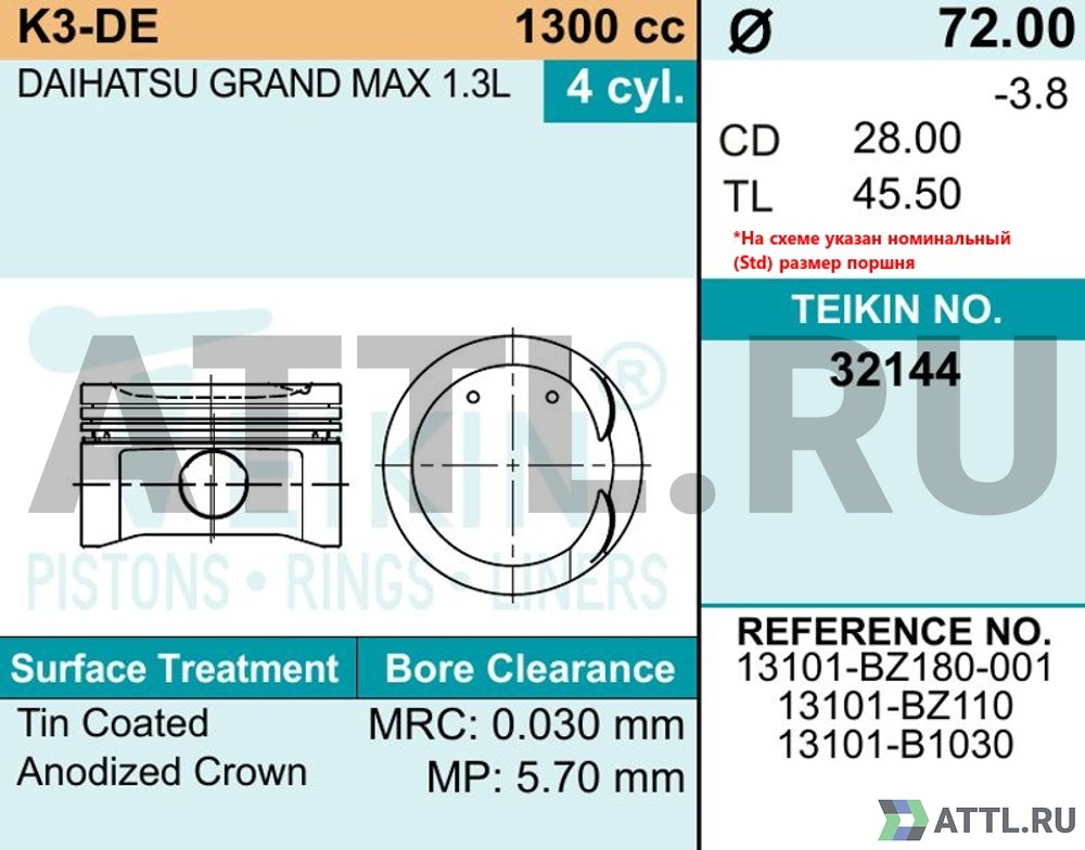 TEIKIN 32144 050 Комплект поршней K3-DE