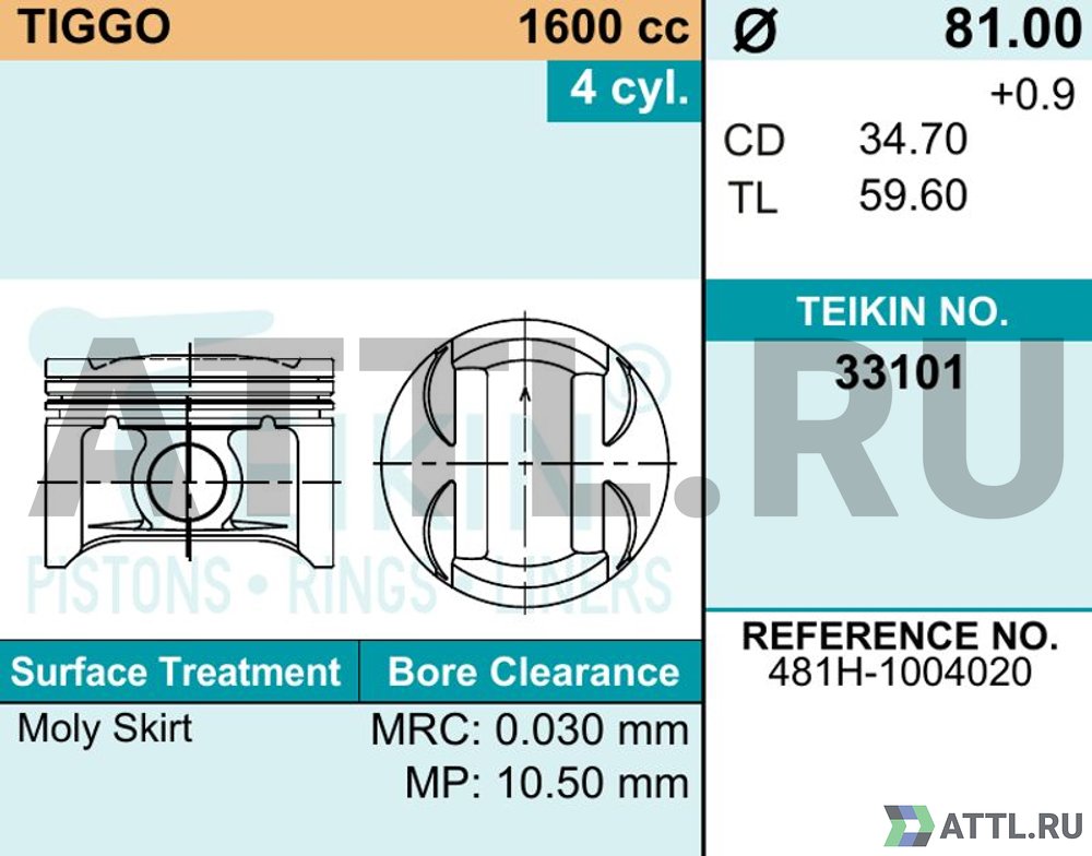 TEIKIN 33101 std Комплект поршней TIGGO