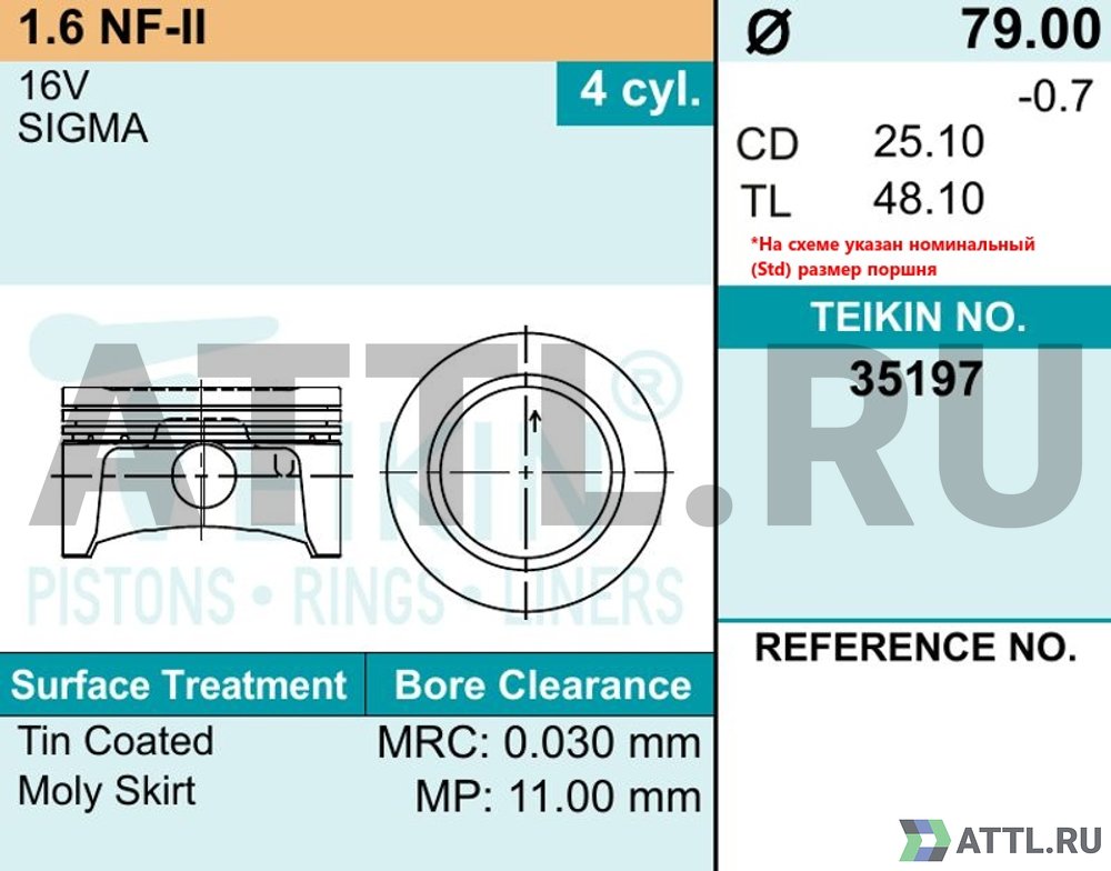 TEIKIN 35197 std Комплект поршней 1.6 NF-II FORD