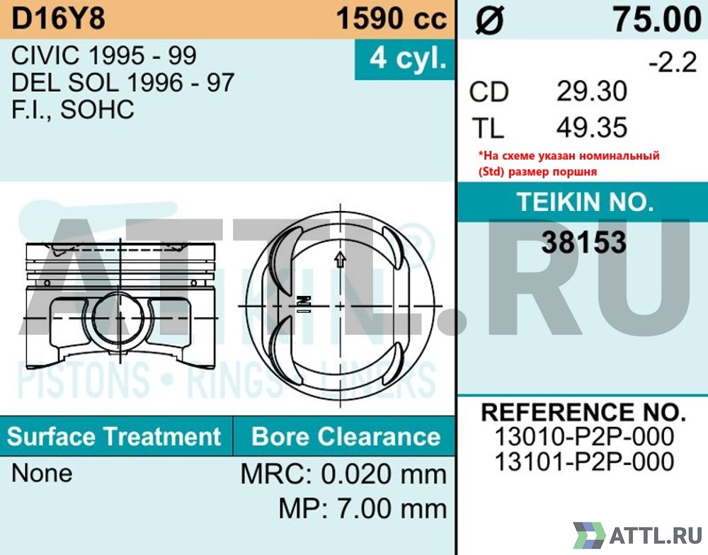 TEIKIN 38153 std Комплект поршней D16Y8