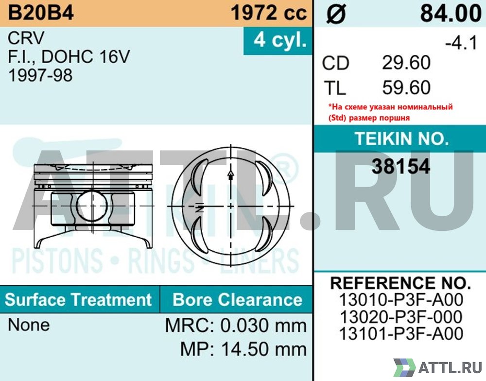 TEIKIN 38154 std Комплект поршней B20B4