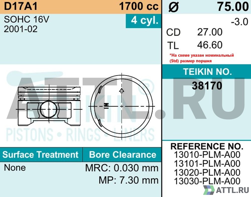 TEIKIN 38170 050 Комплект поршней D17A1