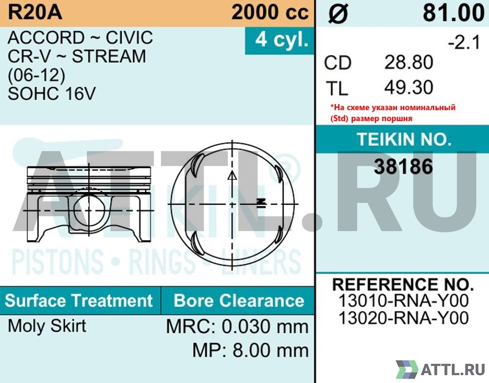 TEIKIN 38186 std Комплект поршней R20A