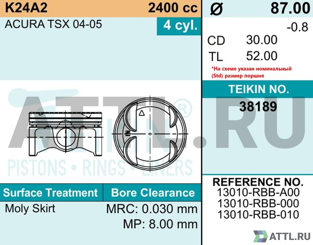 TEIKIN 38189 std Комплект поршней K24A2