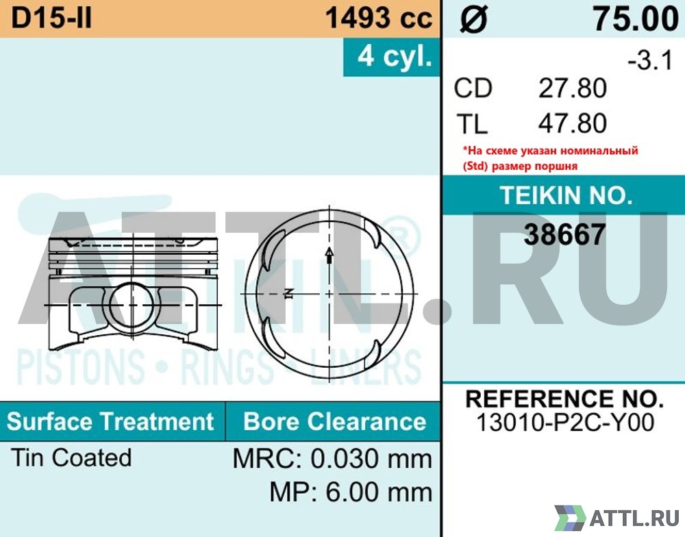 TEIKIN 38667 std Комплект поршней D15-II