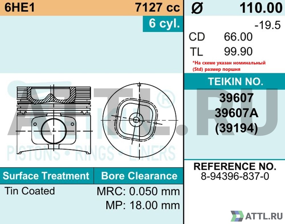 TEIKIN 39607A std Комплект поршней 6HE1