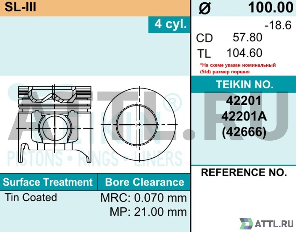 TEIKIN 42201 std Комплект поршней SL-III