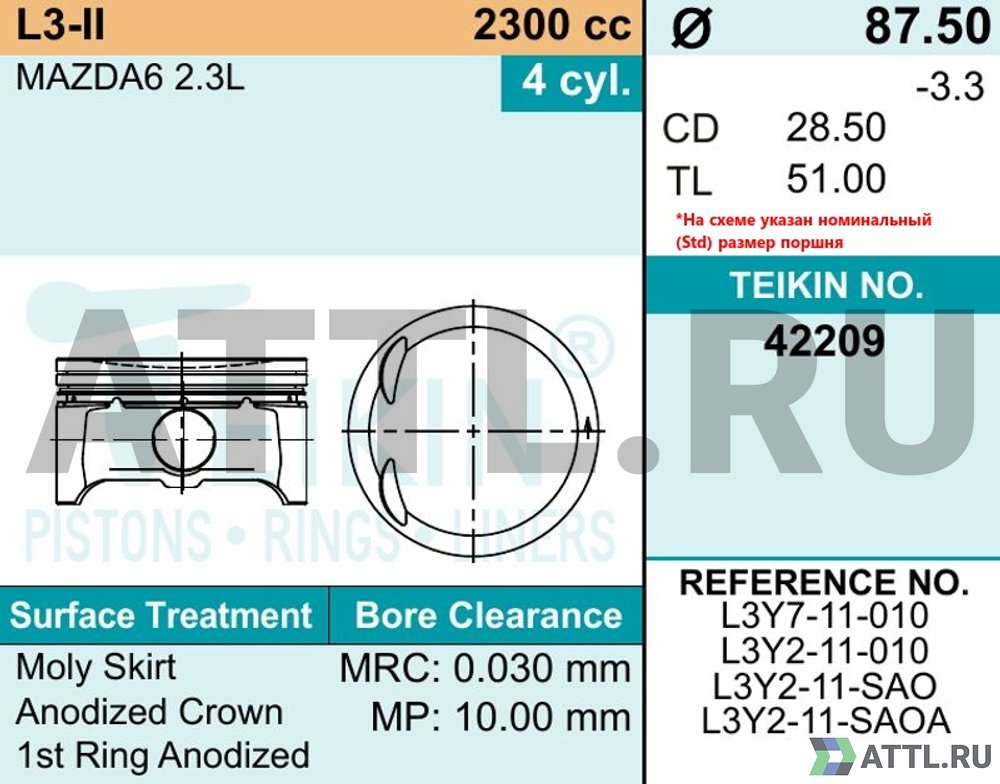 TEIKIN 42209 050 Комплект поршней L3-II