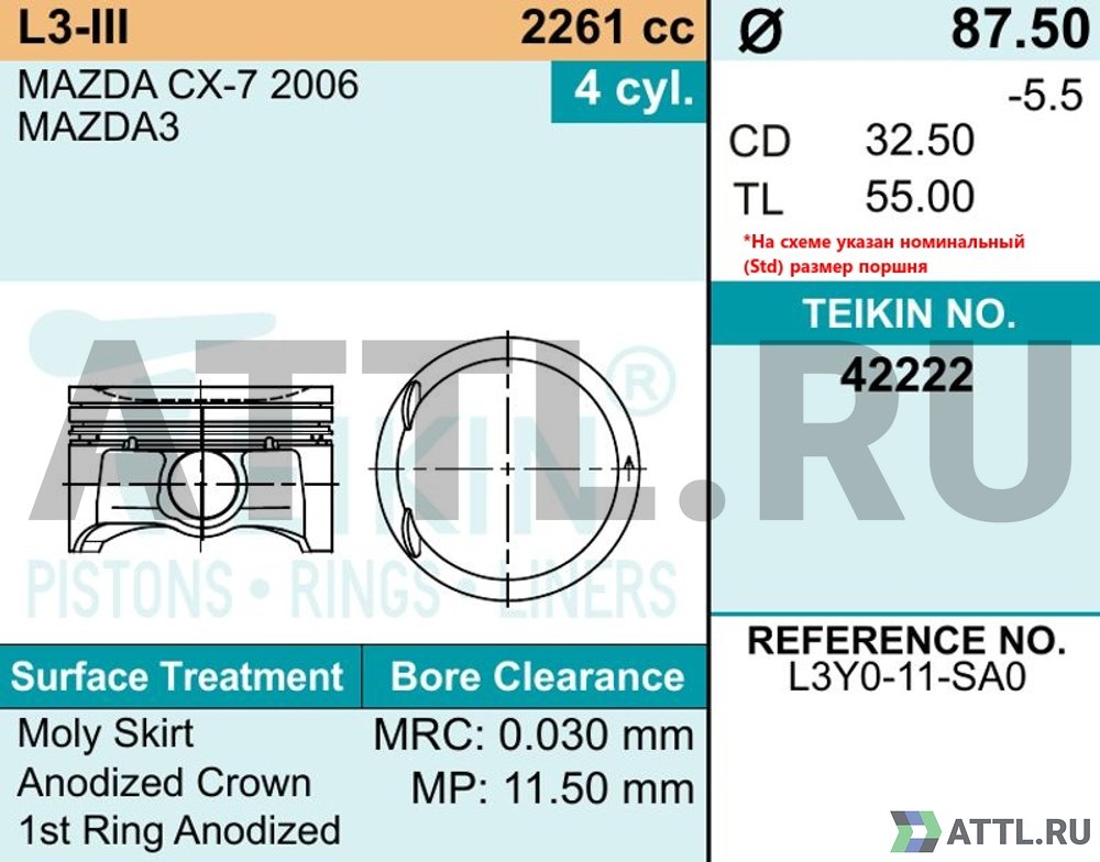 TEIKIN 42222 std Комплект поршней L3-III