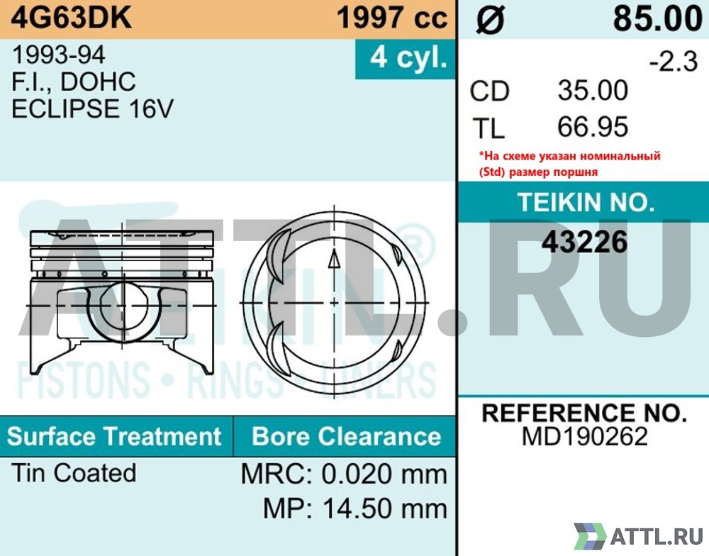 TEIKIN 43226 std Комплект поршней 4G63DK d85 STD 1,2-1,5-3