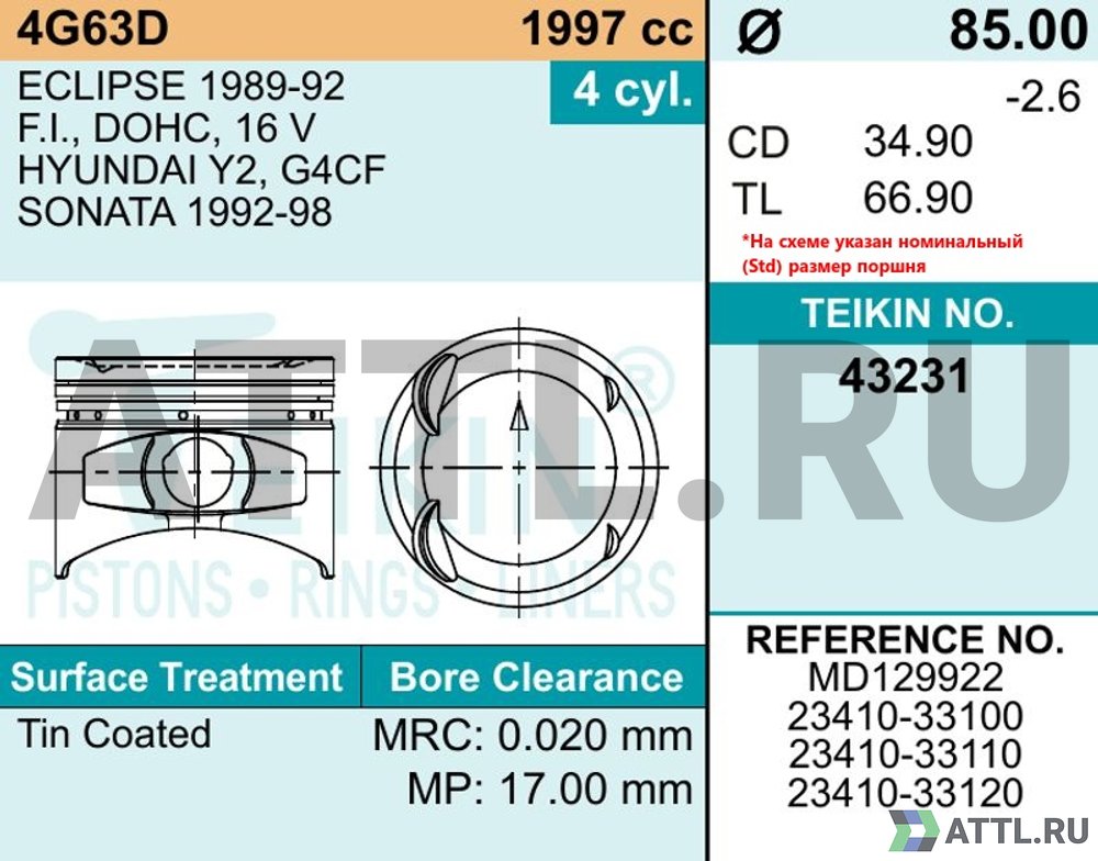 TEIKIN 43231 std Комплект поршней 4G63D