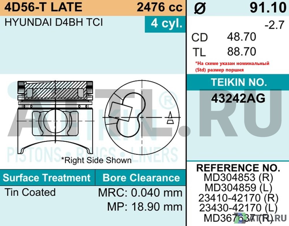 TEIKIN 43242AG 050 Комплект поршней 4D56T, D4BH усиленный+охлаждение d91,1+0.50 2,5HK-2HK-4