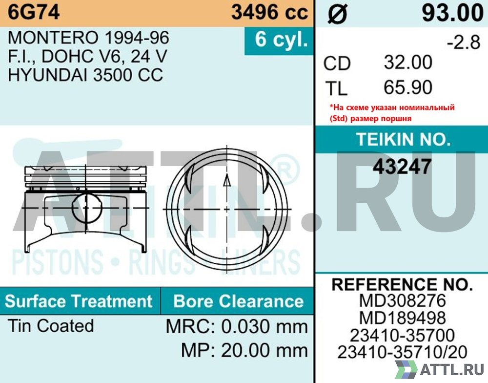 TEIKIN 43247 std Комплект поршней 6G74