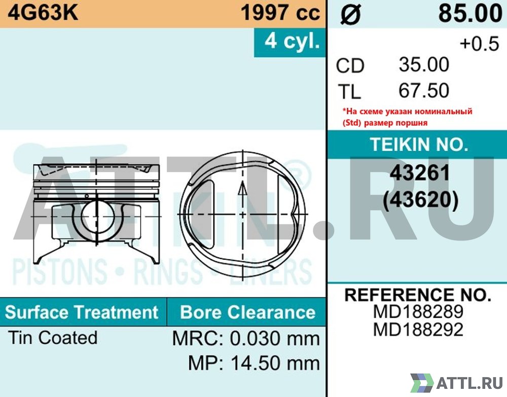 TEIKIN 43261 std Комплект поршней 4G63K