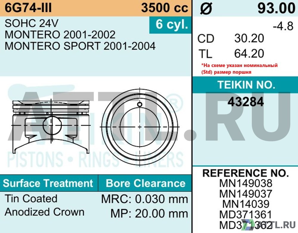 TEIKIN 43284 050 Комплект поршней 6G74-III