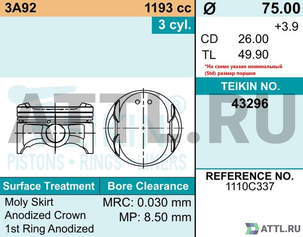 TEIKIN 43296 050 Комплект поршней 3A92