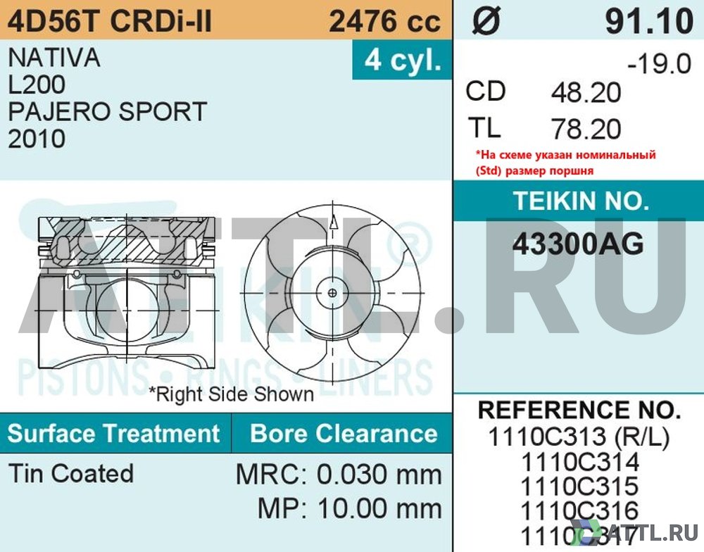 TEIKIN 43300AG 050 Комплект поршней 4D56 CRDI-II