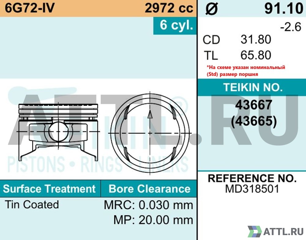 TEIKIN 43667 050 Комплект поршней 6G72-IV