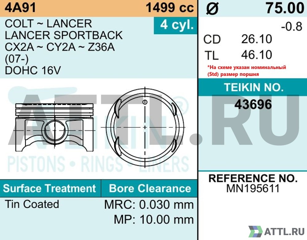 TEIKIN 43696 050 Комплект поршней 4A91