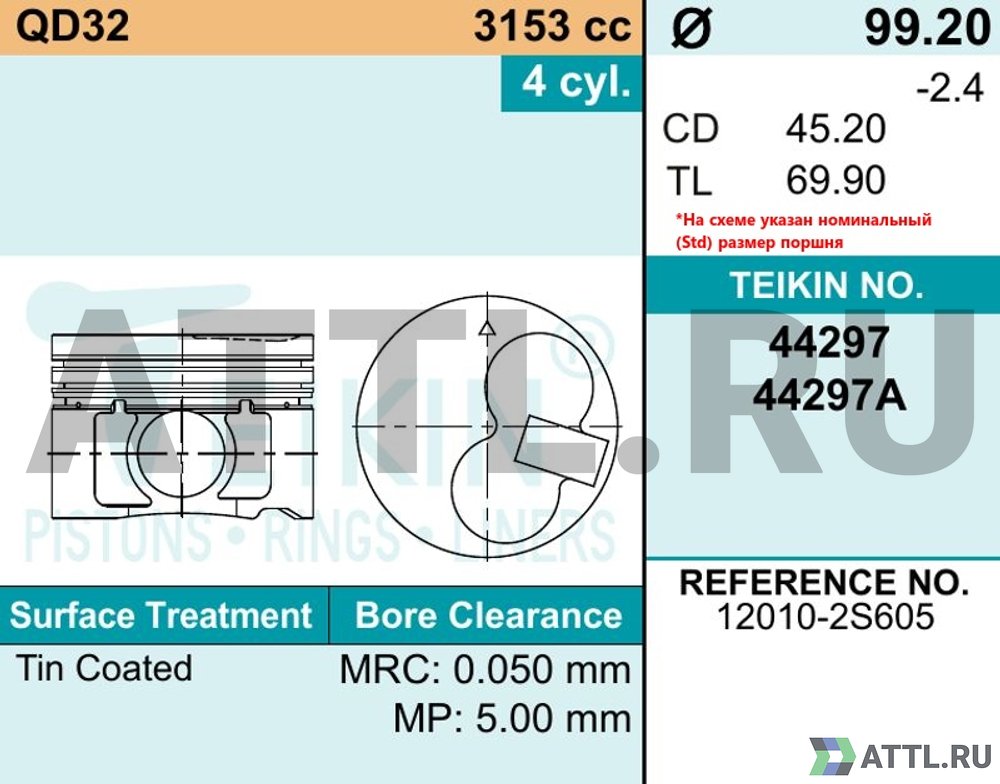 TEIKIN 44297 050 Комплект поршней QD32