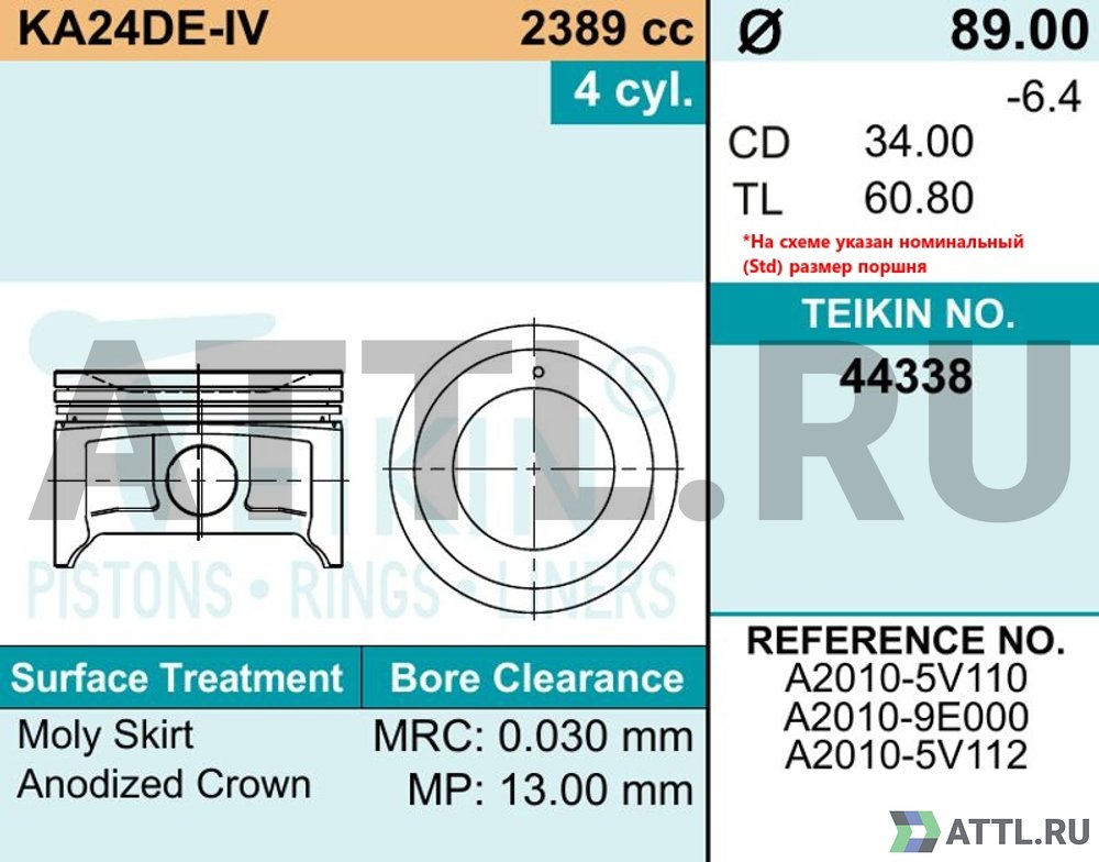 TEIKIN 44338 std Комплект поршней KA24DE-IV