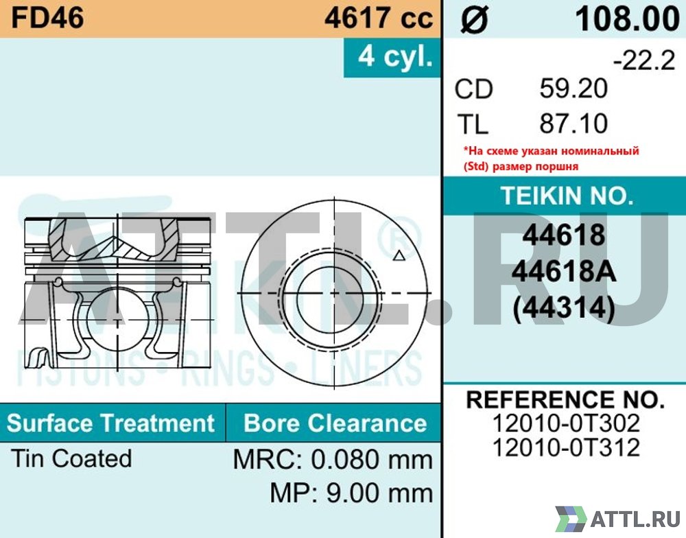 TEIKIN 44618A std Комплект поршней FD46