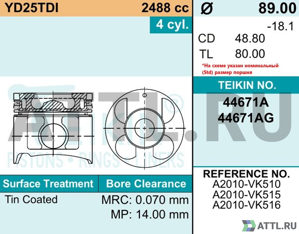 TEIKIN 44671A 050 Комплект поршней YD25TDI