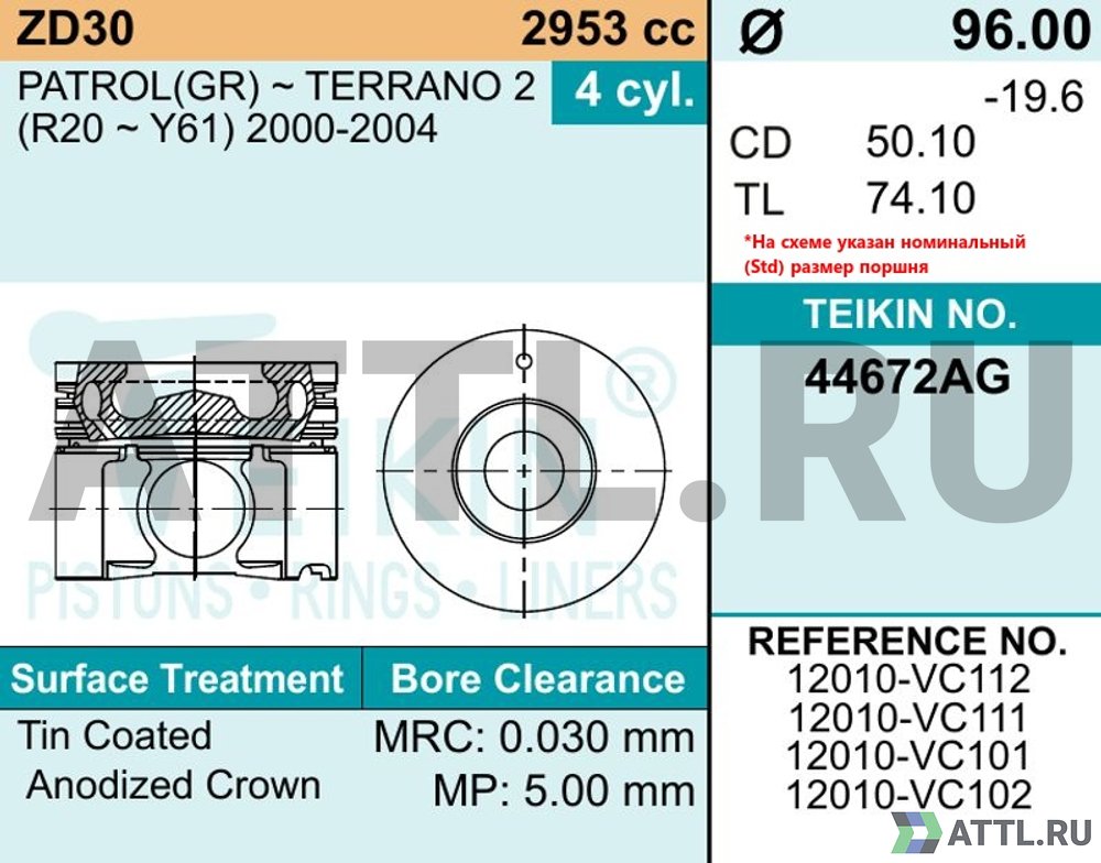 TEIKIN 44672AG std Комплект поршней ZD30