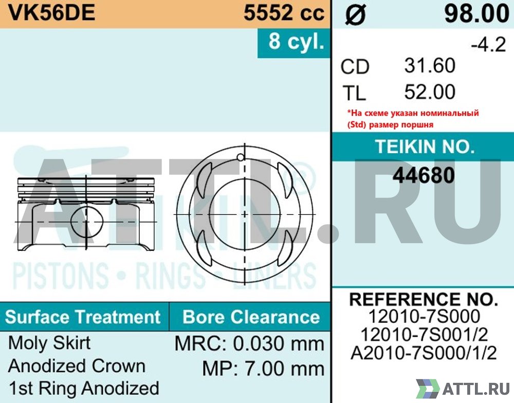 TEIKIN 44680 std Комплект поршней VK56DE