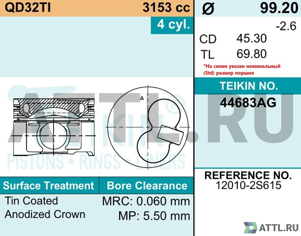 TEIKIN 44683AG std Комплект поршней QD32TI