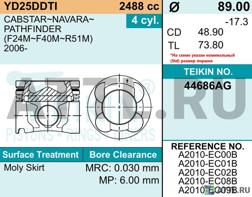 TEIKIN 44686AG 050 Комплект поршней YD25DDTI