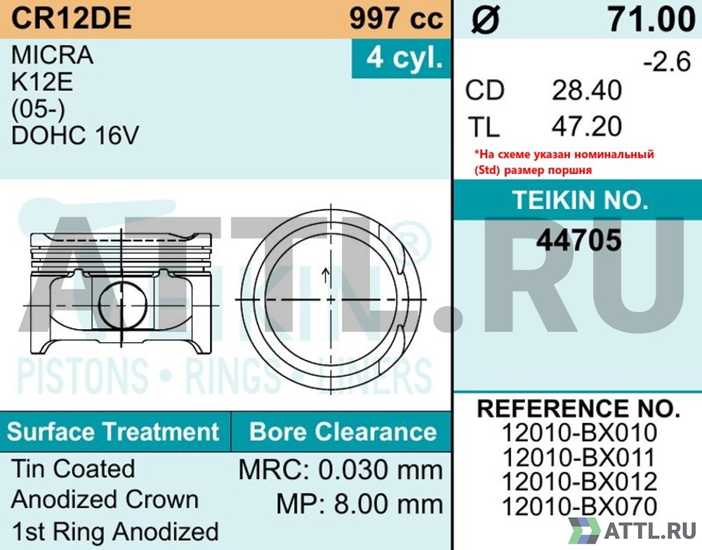 TEIKIN 44705 std Комплект поршней CR12DE