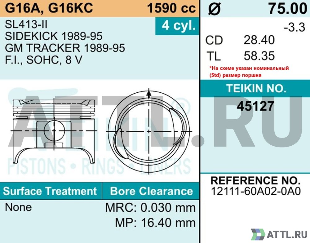 TEIKIN 45127 std Комплект поршней SL413-II/G16A