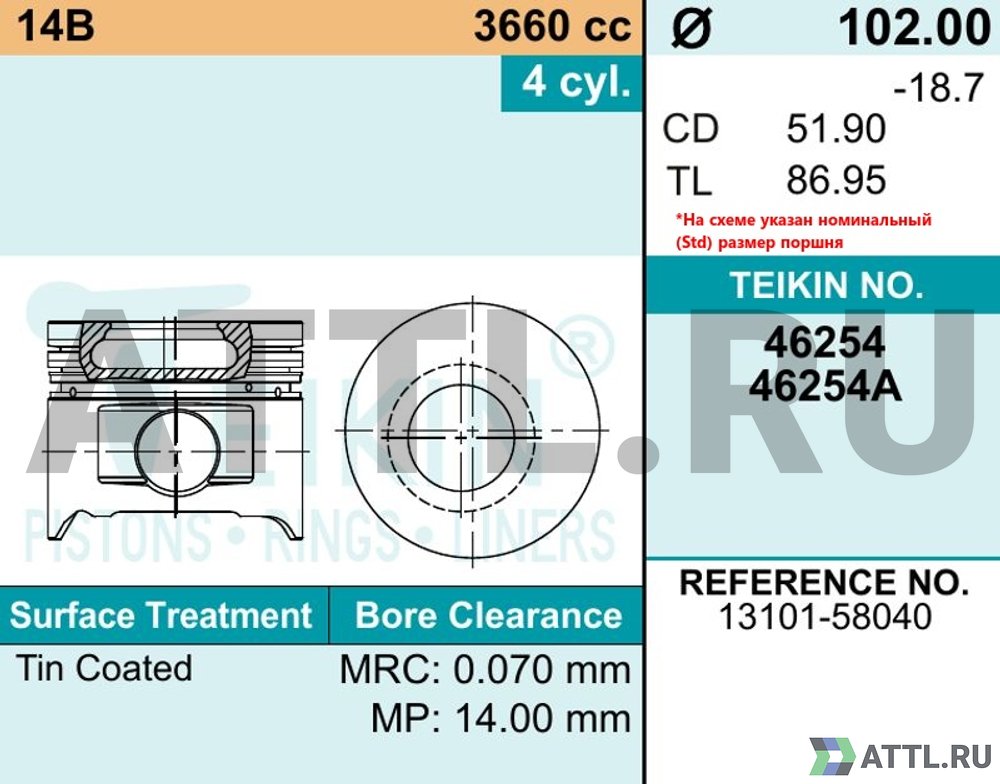 TEIKIN 46254 std Комплект поршней 14B