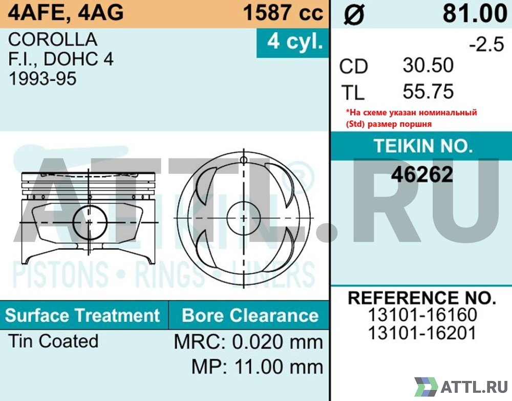 TEIKIN 46262 025 Комплект поршней 4A-FE