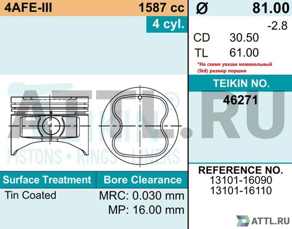 TEIKIN 46271 050 Комплект поршней 4A-FE-III