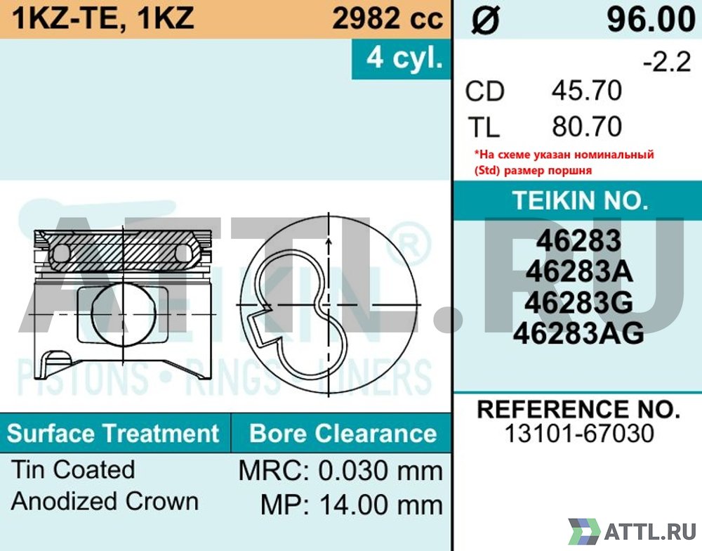 TEIKIN 46283AG 050 Комплект поршней 1KZ-TE, 1KZ