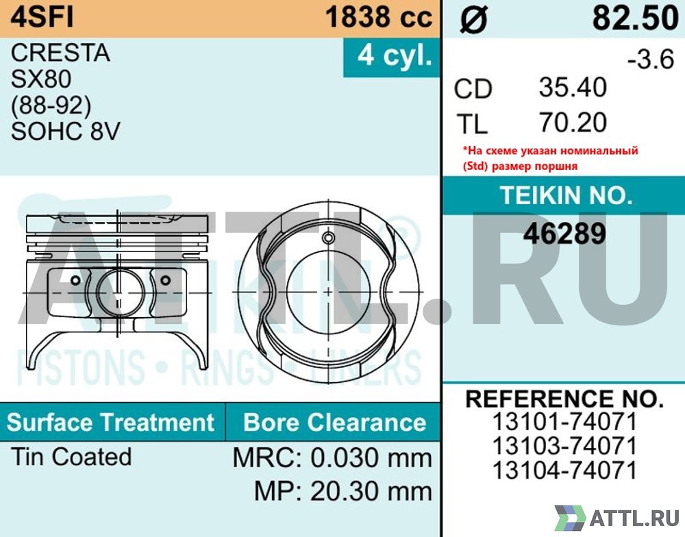 TEIKIN 46289 std Комплект поршней 4S-FE