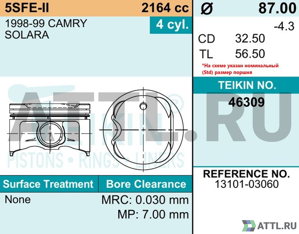 TEIKIN 46309 050 Комплект поршней 5S-FE-II