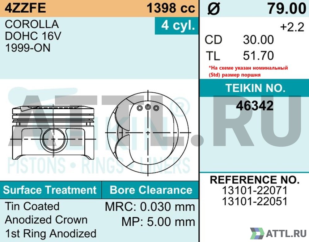 TEIKIN 46342 050 Комплект поршней 4ZZ-FE