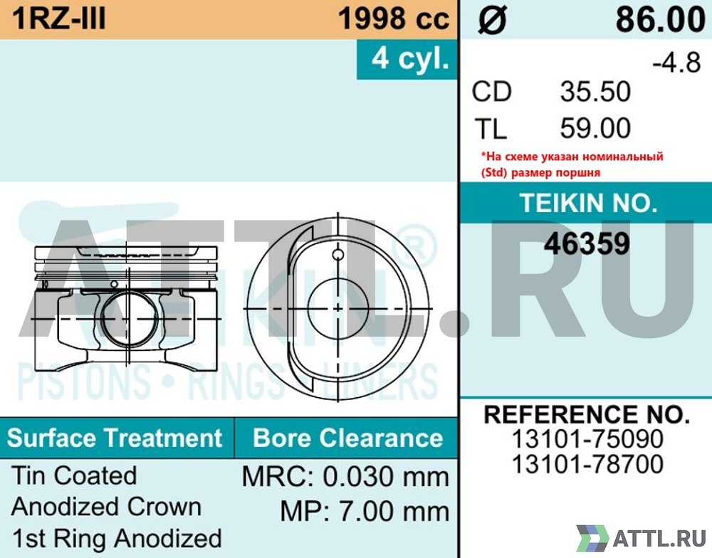 TEIKIN 46359 050 Комплект поршней 1RZ-III