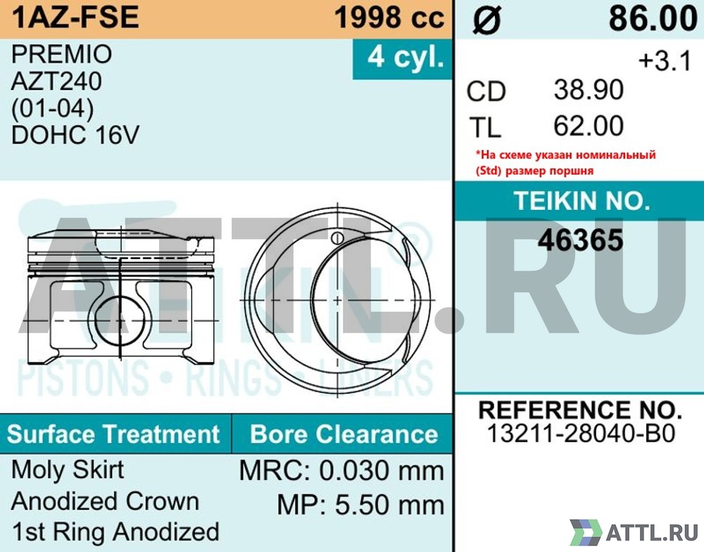 TEIKIN 46365 050 Комплект поршней 1AZ-FSE