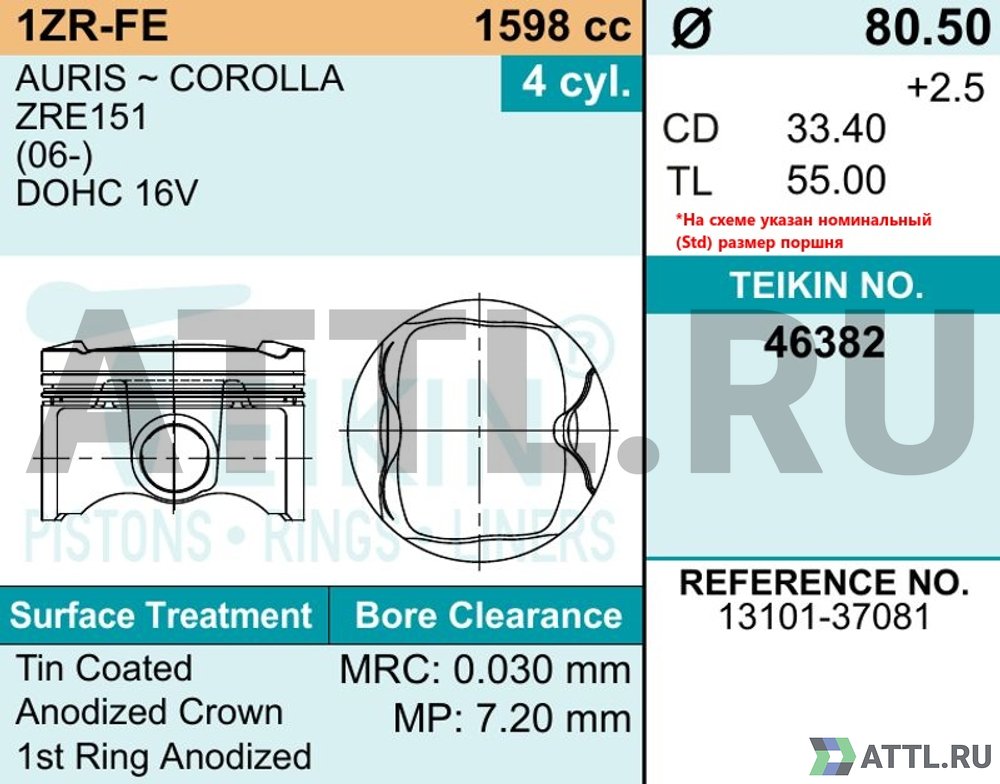 TEIKIN 46382 std Комплект поршней 1ZR-FE