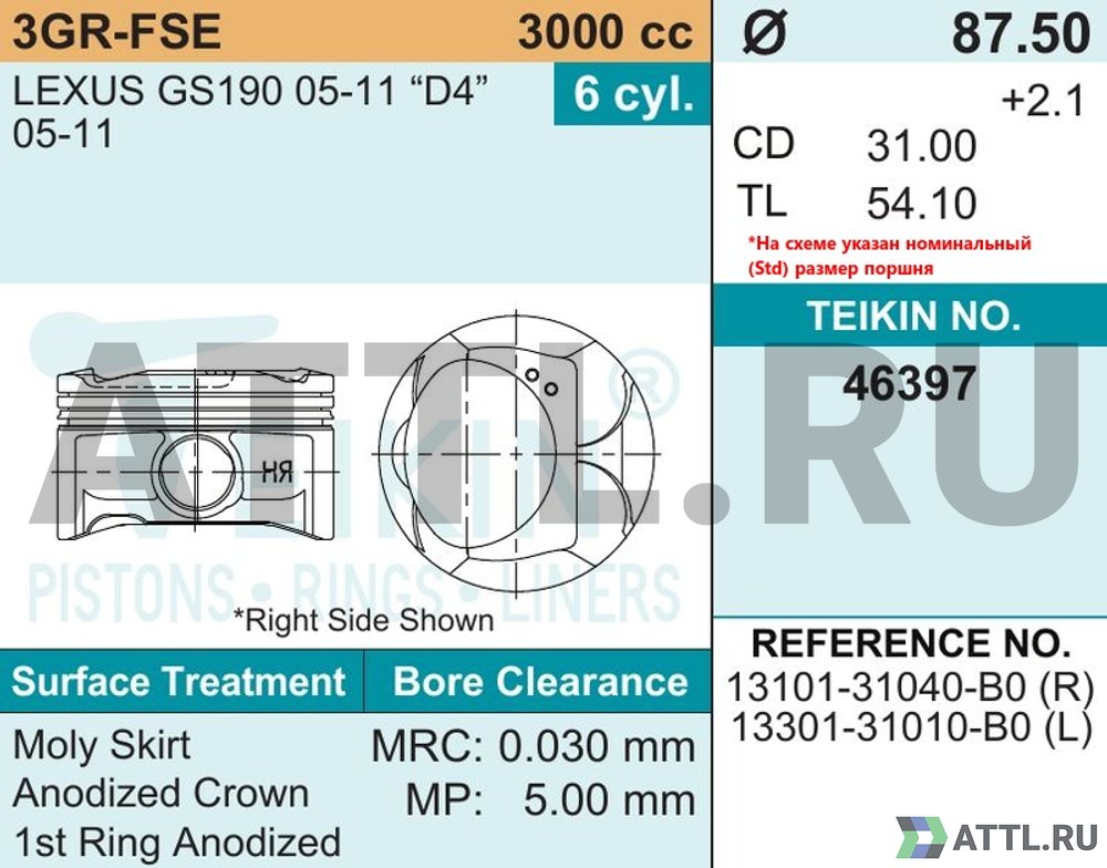 TEIKIN 46397 std Комплект поршней 3GR-FSE