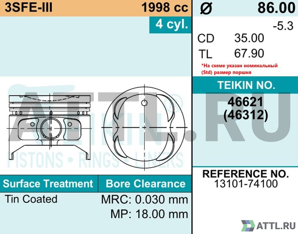 TEIKIN 46621 025 Комплект поршней 3SFE-III