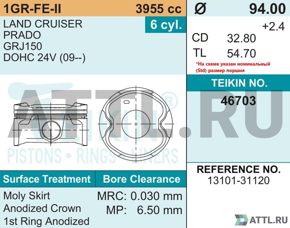 TEIKIN 46703 050 Комплект поршней 1GR-FE-II