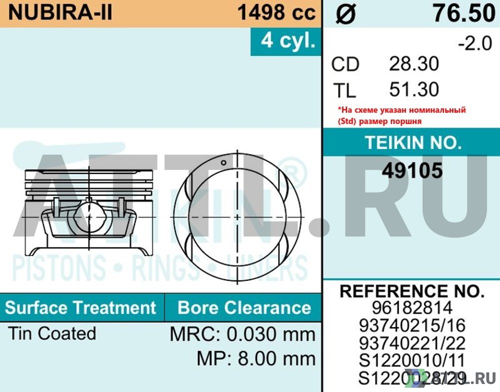 TEIKIN 49105 050 Комплект поршней NUBIRA-II