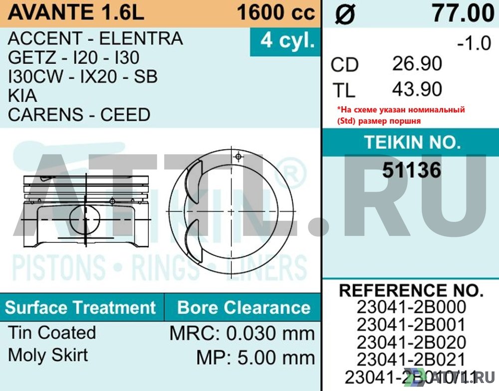 TEIKIN 51136 050 Комплект поршней G4FC