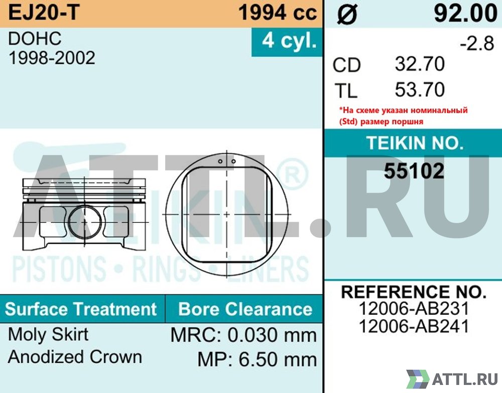 TEIKIN 55102 std Комплект поршней EJ20-T