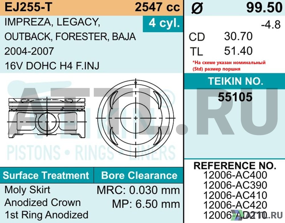 TEIKIN 55105 050 Комплект поршней EJ255-T